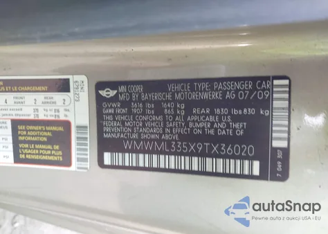 2009 Mini Cooper Clubman from USA, damaged, VIN WMWML335X9TX36020